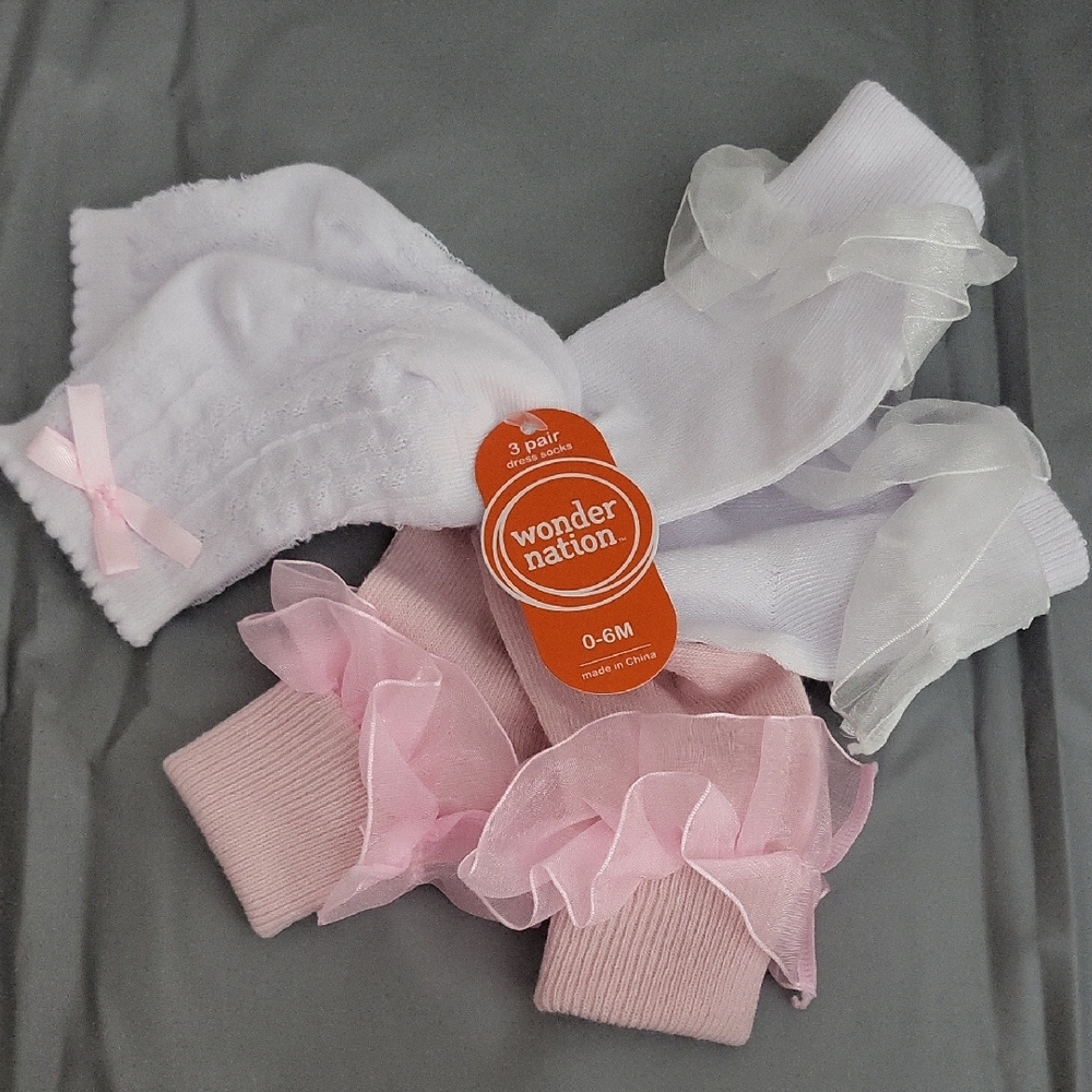 wonder nation Baby Ruffle Socks in White and Pink - 3 Pair
